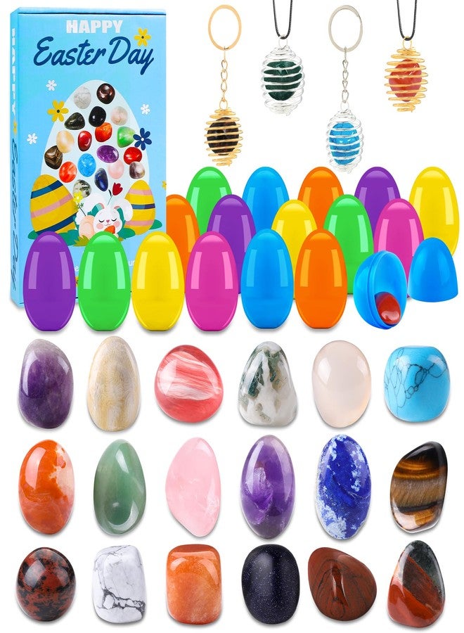 Vellibring Easter Basket Stuffers,18pcs Gemstones Prefilled Easter Eggs Natural Mineral Rocks Crystals with Necklace Rope Keychain Easter Party Favors for Egg Hunt, Educational Present for Boys Girls - Image 1